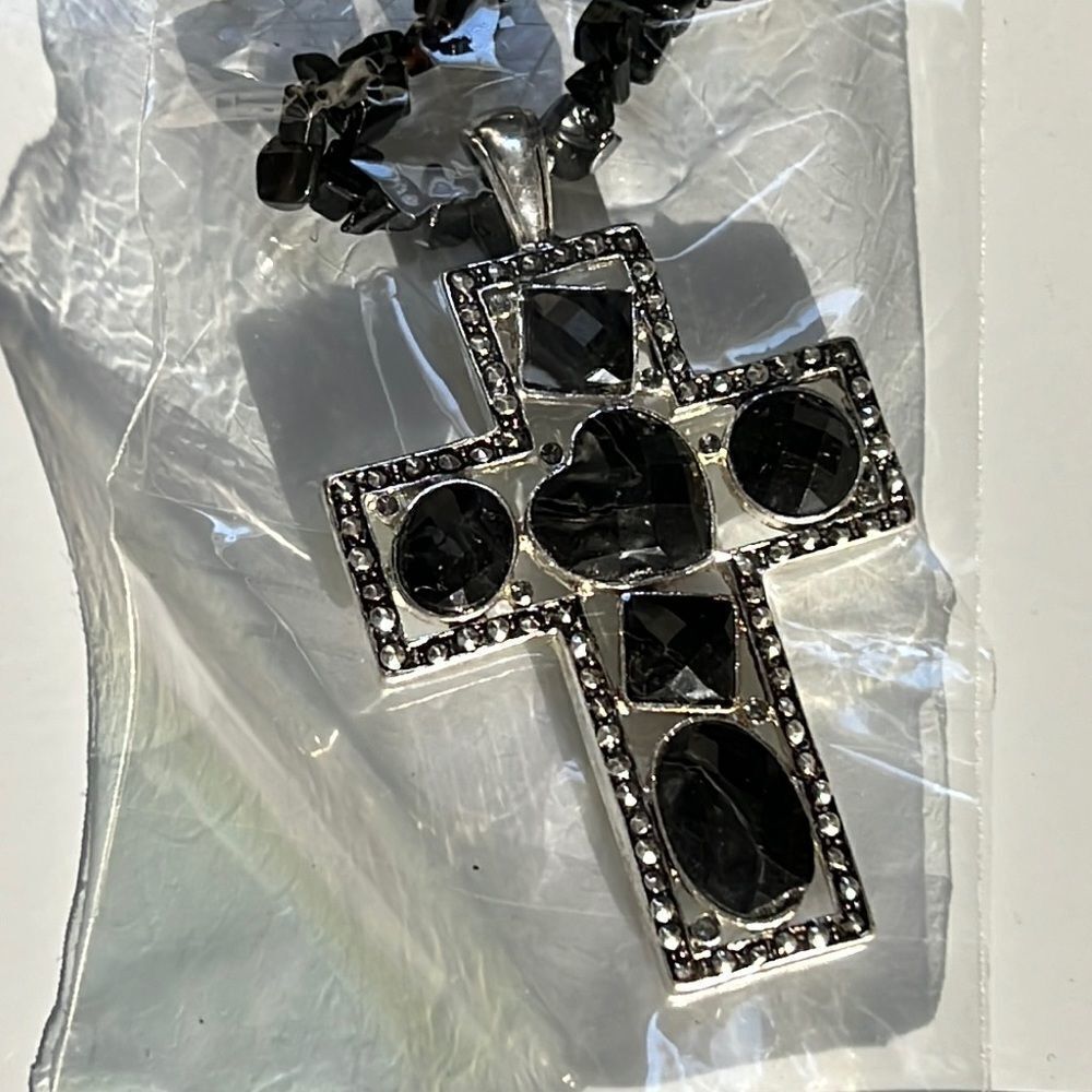 Black & Silver Tone Cross Religious Necklace & Earring Set